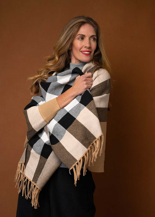 The Milan Knit Wrap with Sleeves  – Stone and Black Stripes