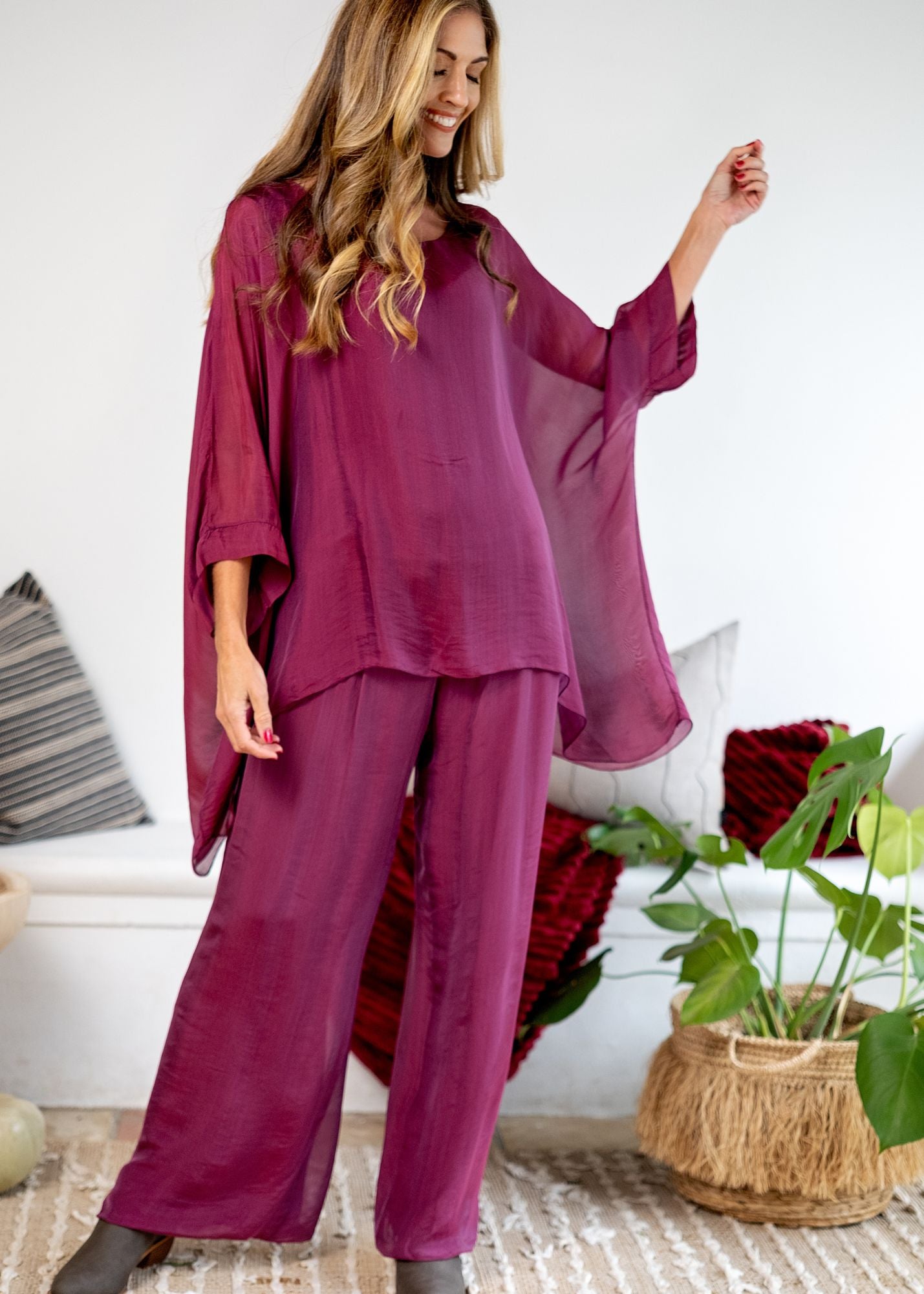 Sophia 100% Silk Flow Pants in Merlot
