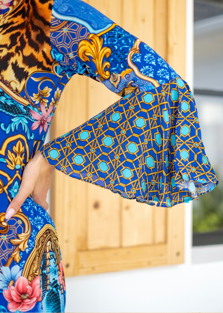 Angelica Dress in Blue and Gold Iconic Designs Shop