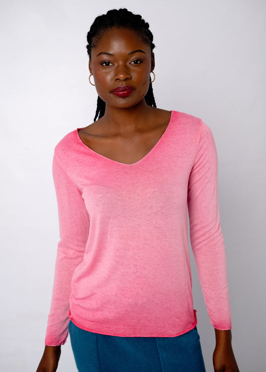 Silver Lining V-Neck Thin Knit Top in Neon Rose