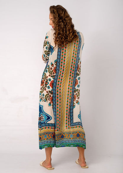 Gloria Dress with Tucked Sleeve Detail in Meadow Mosaic