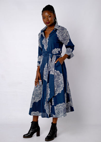 Marigold Shirt Dress in Indigo Bloom