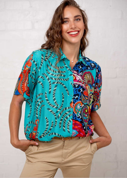 Molly Button down blouse in Turquoise Paisley