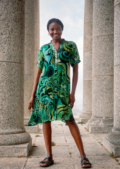 Maxine Dress - Knee length in Green paisley