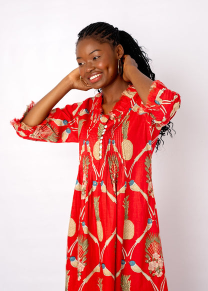 Sarah Dress with Frill in Red with Pineapple