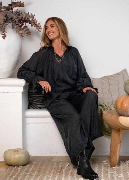 Swann Blouse with Frill  in Onyx Black