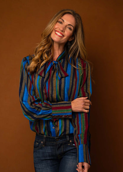 Pussycat Bow blouse, Grey, Blue and Maroon Stripes