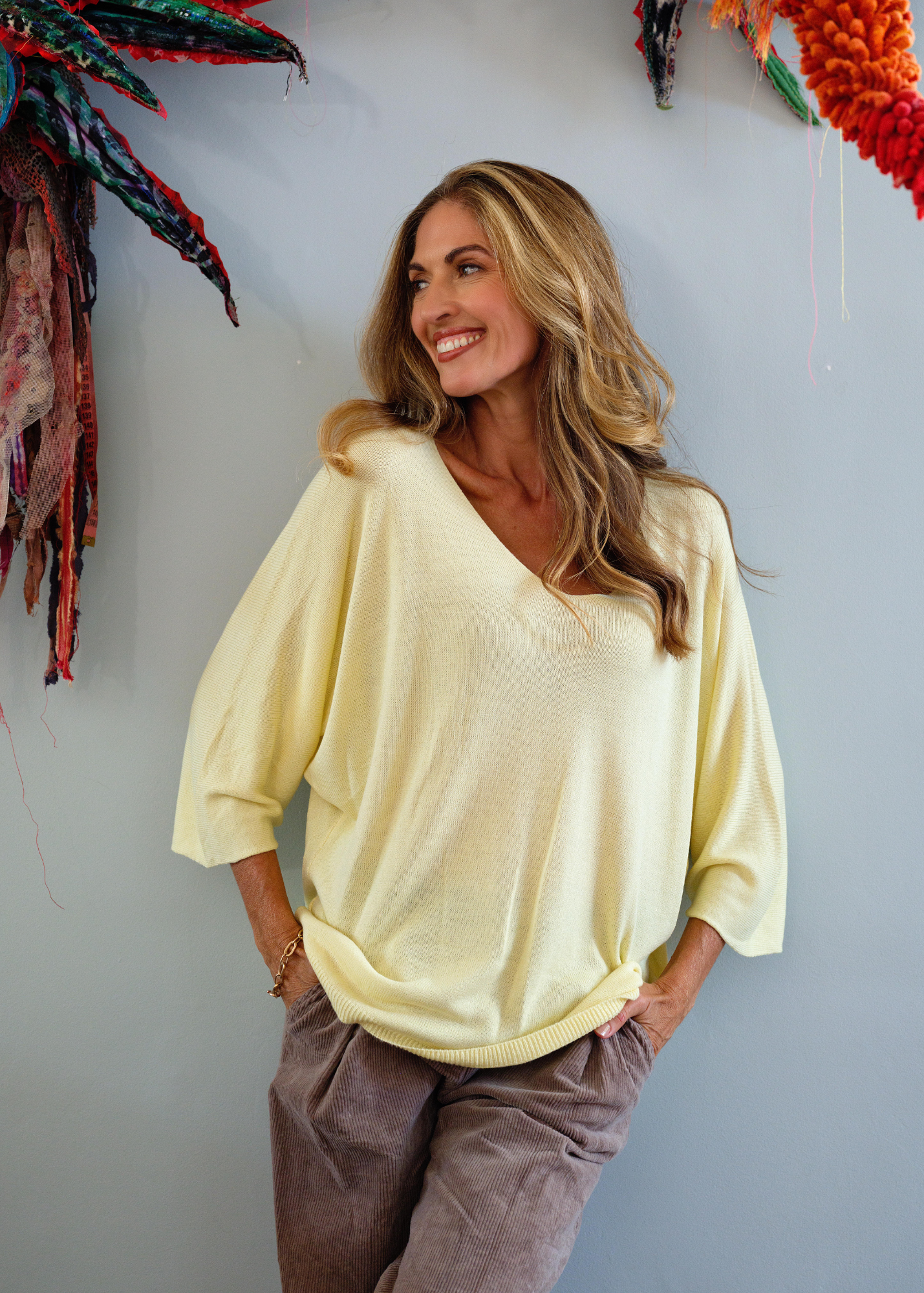 Slouchy Susan Knitted 3/4 Sleeve Top in Lemon