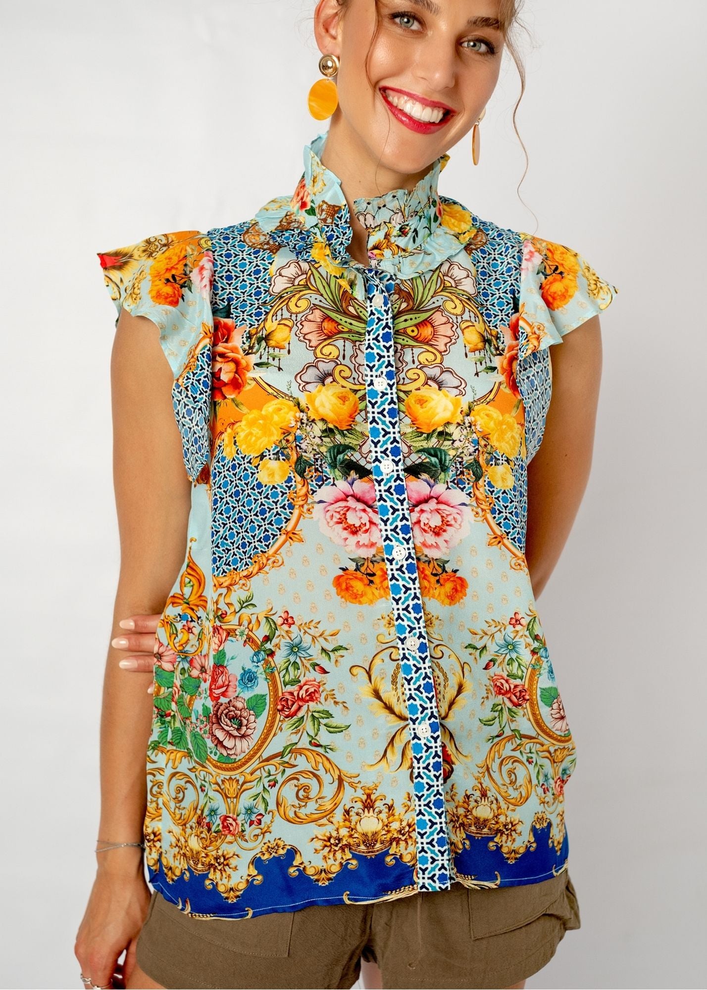 Paradise Blouse in Blue Crown Print
