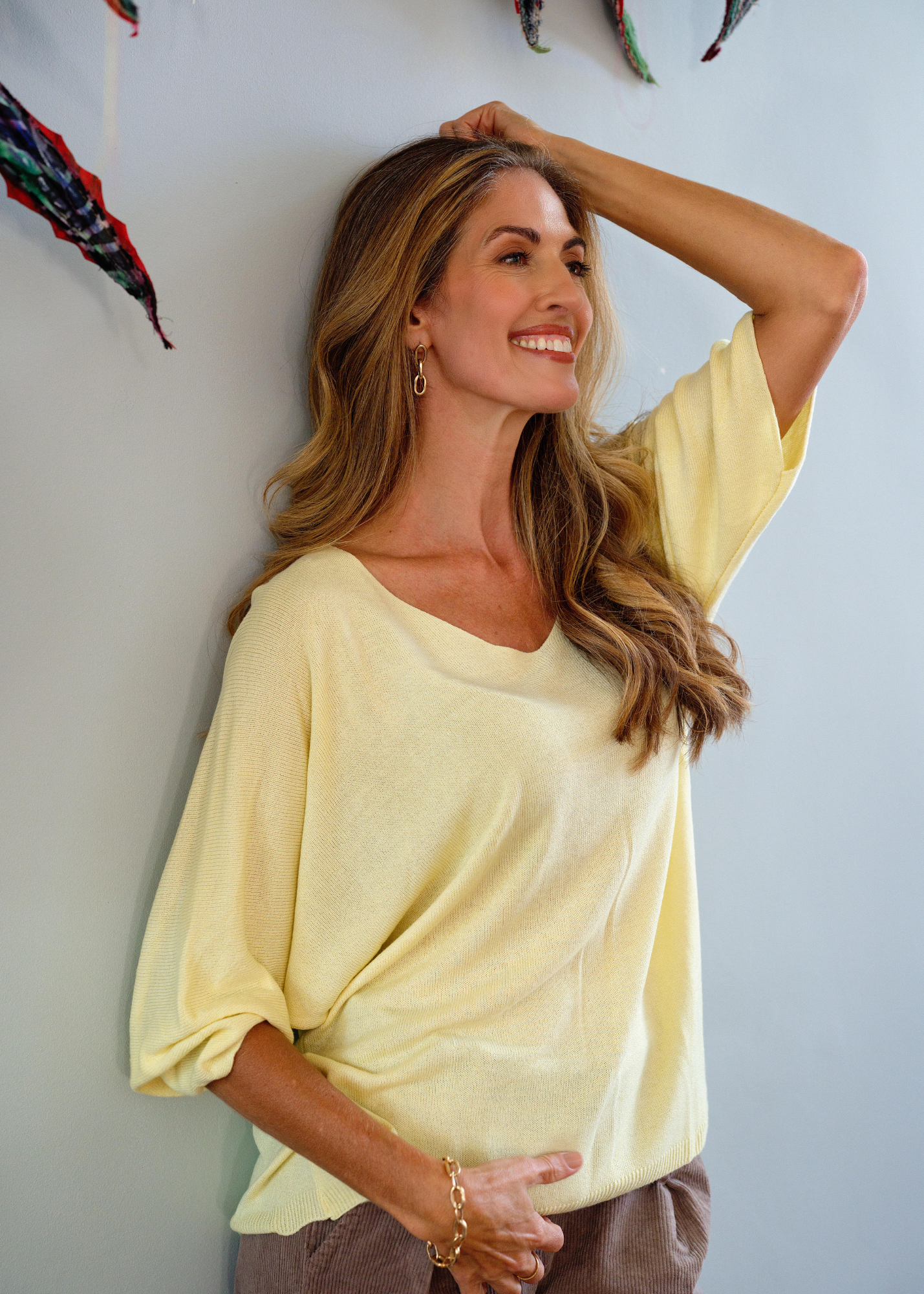 Slouchy Susan Knitted 3/4 Sleeve Top in Lemon