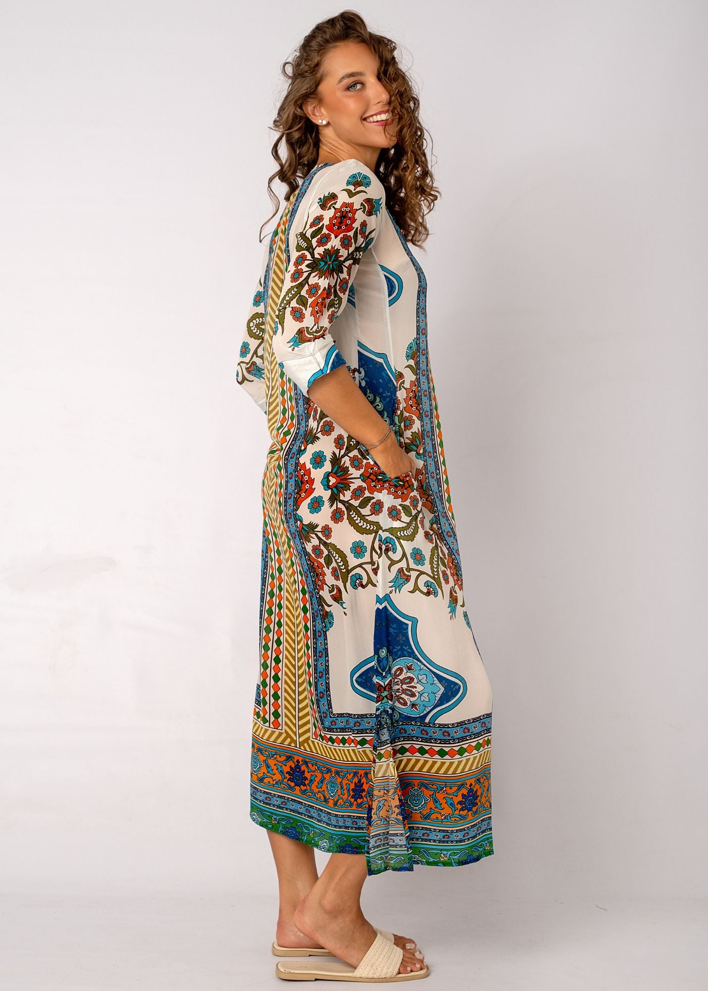Gloria Dress with Tucked Sleeve Detail in Meadow Mosaic