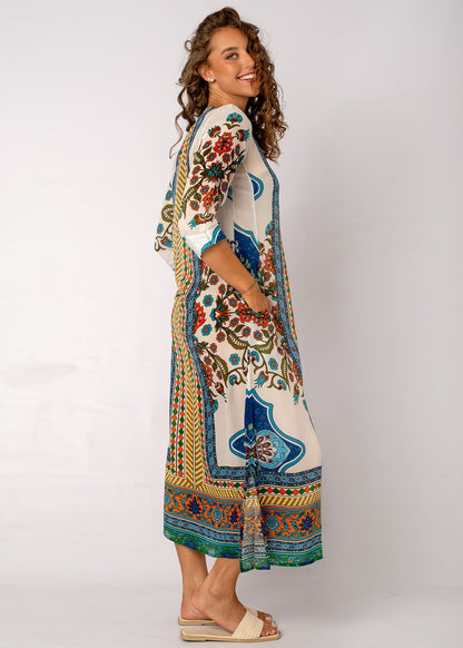 Gloria Dress with Tucked Sleeve Detail in Meadow Mosaic