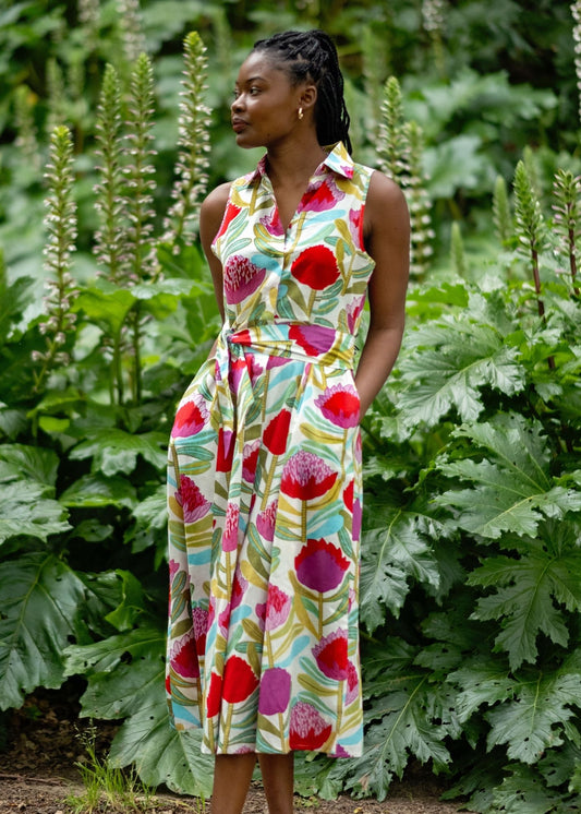 Candice Dress in White Protea Tapestry