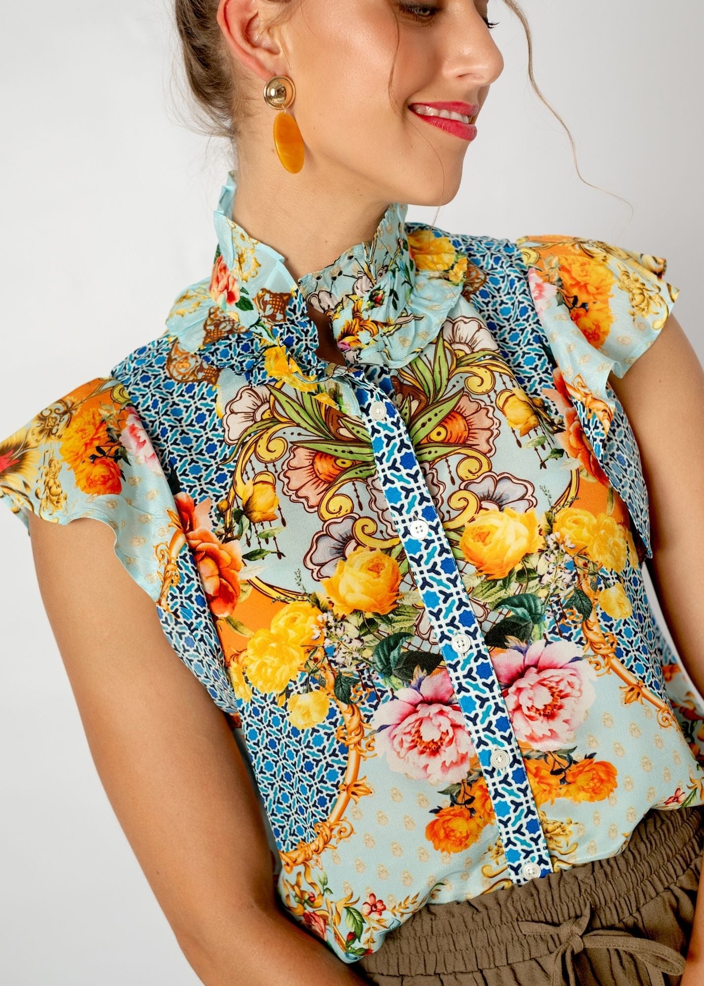 Paradise Blouse in Blue Crown Print