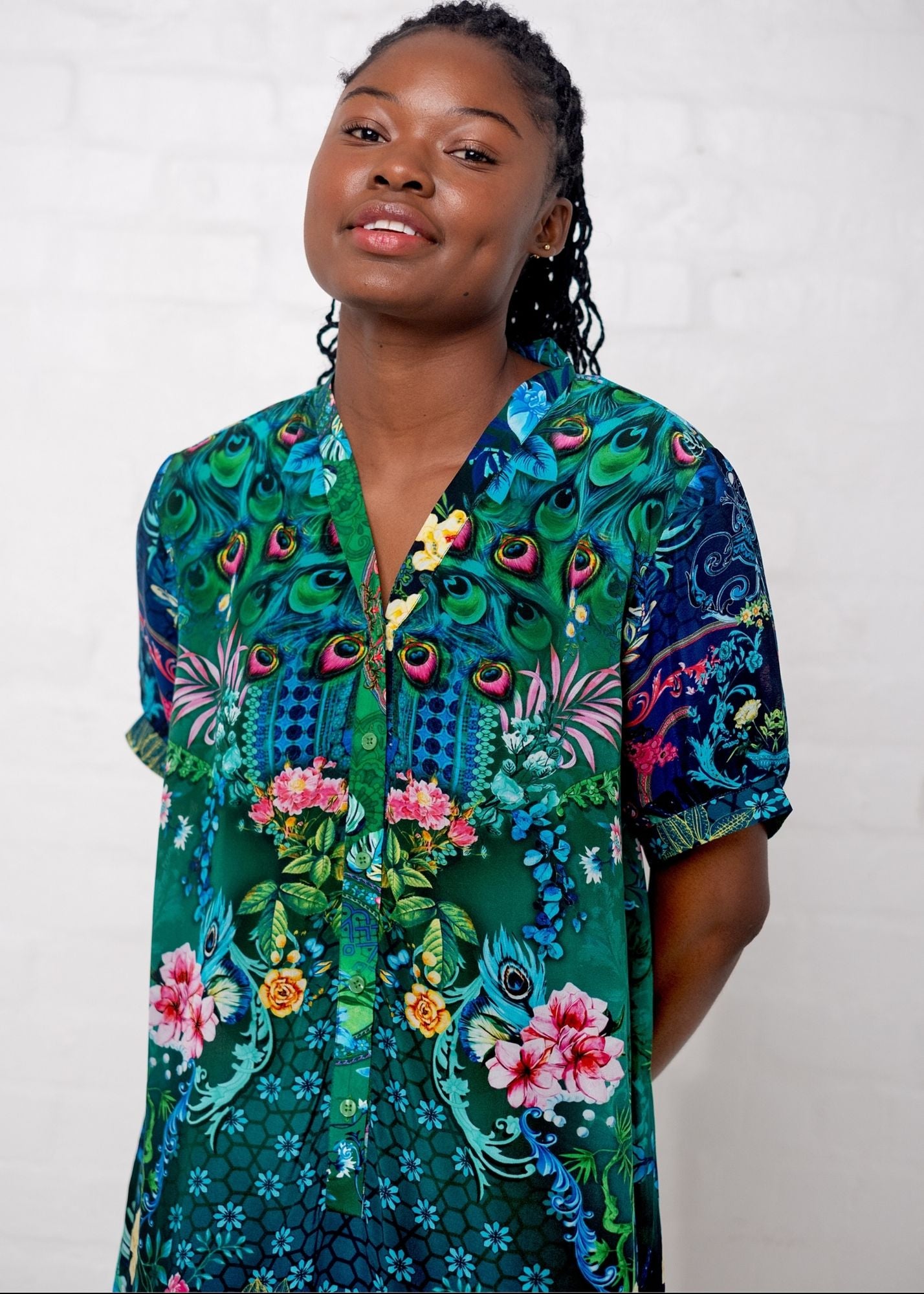 Maxine Dress in Blue and Green Peacock