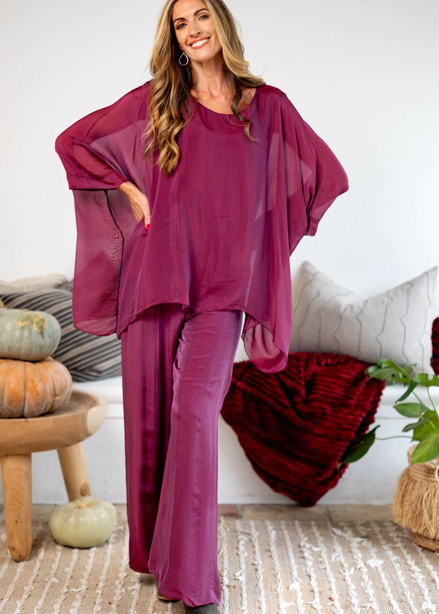 Sophia 100% Silk Flow Top in Merlot