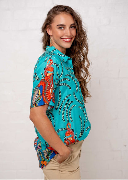 Molly Button down blouse in Turquoise Paisley