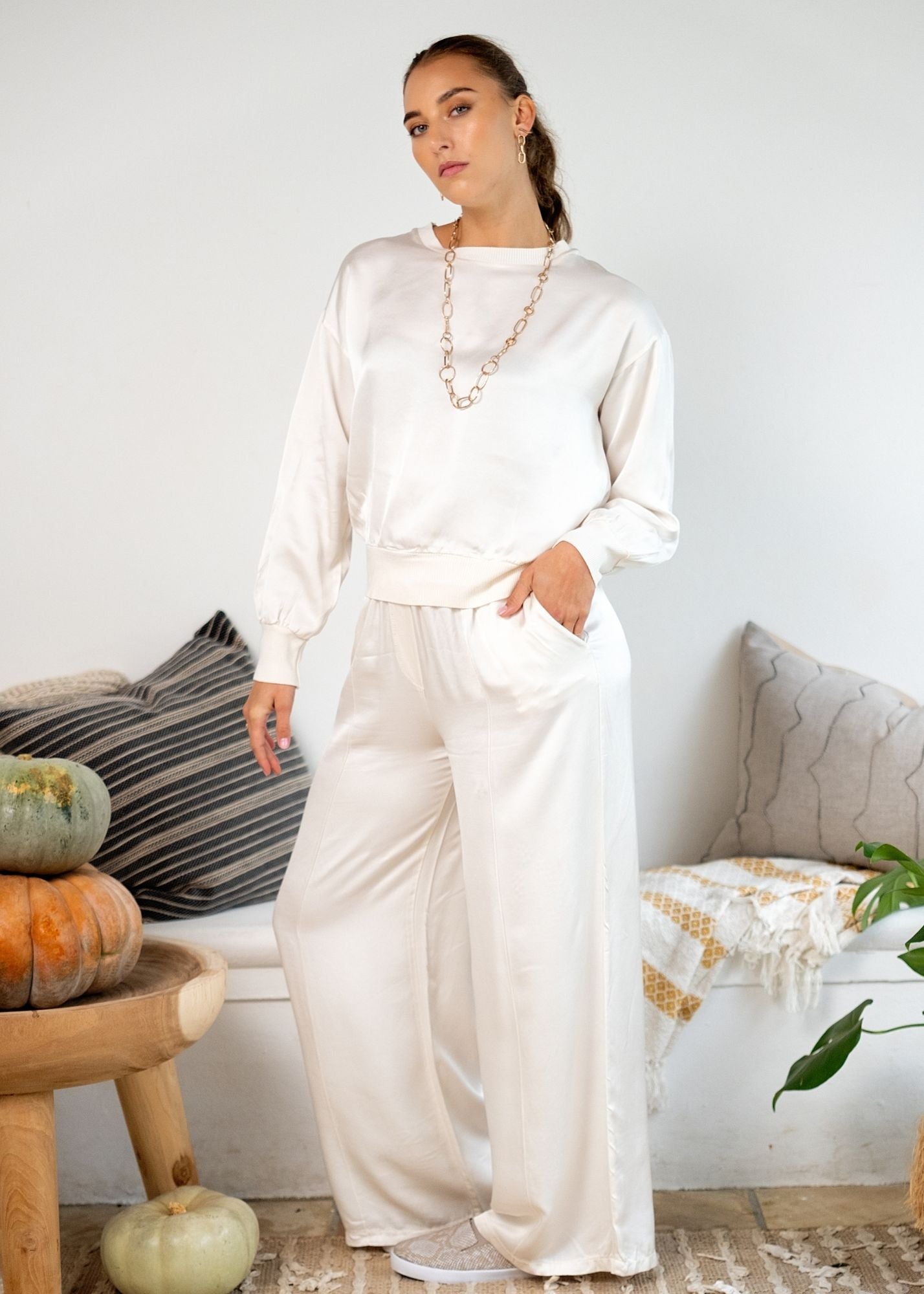Lila Viscose Silk Blend Pants - Cream