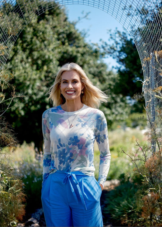 100% Wool Round Neck Long Sleeve Sweater in Blue and Pink Floral