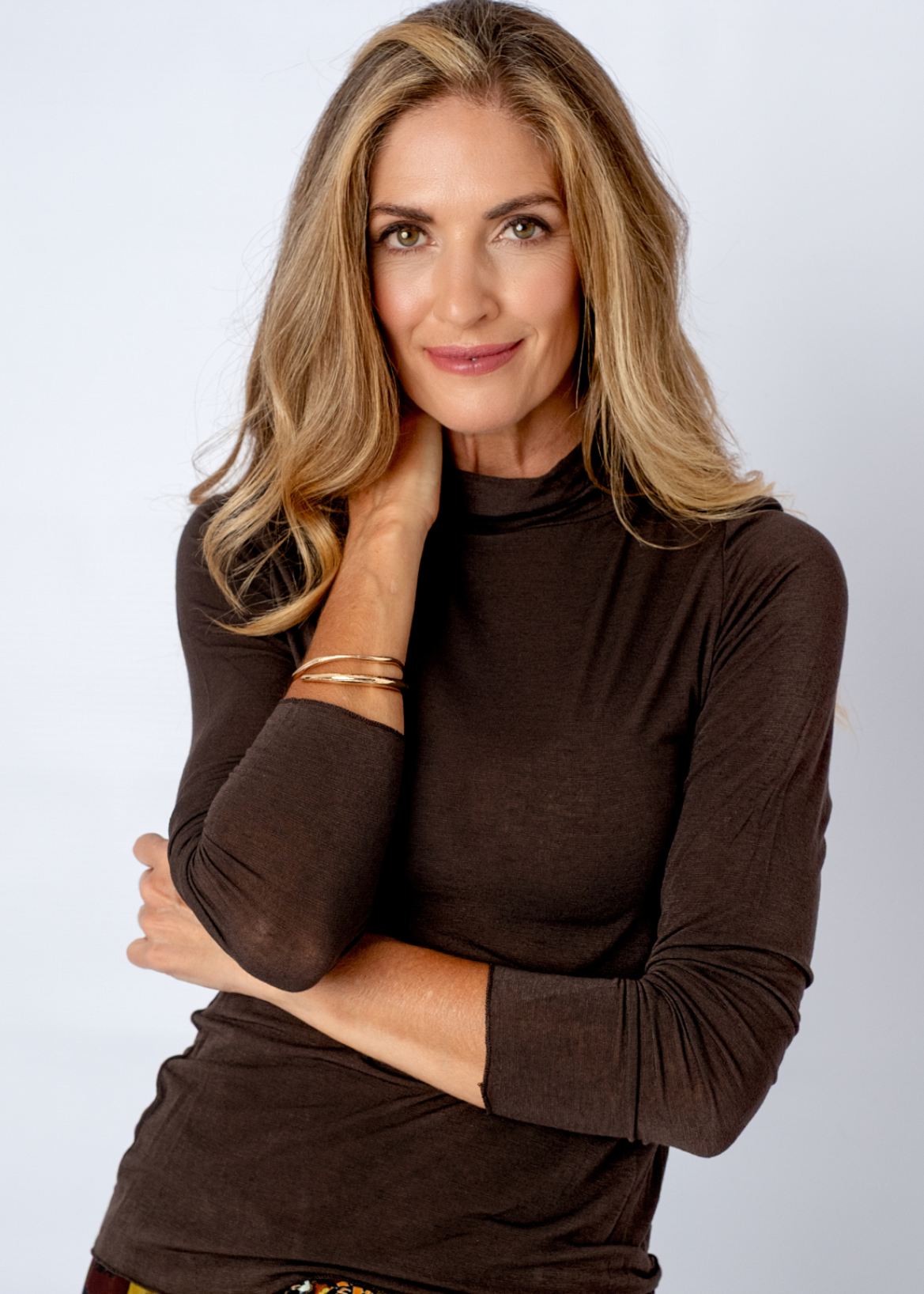 Sheer Stretchy Poloneck Top in Brown