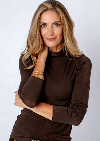 Sheer Stretchy Poloneck Top in Brown