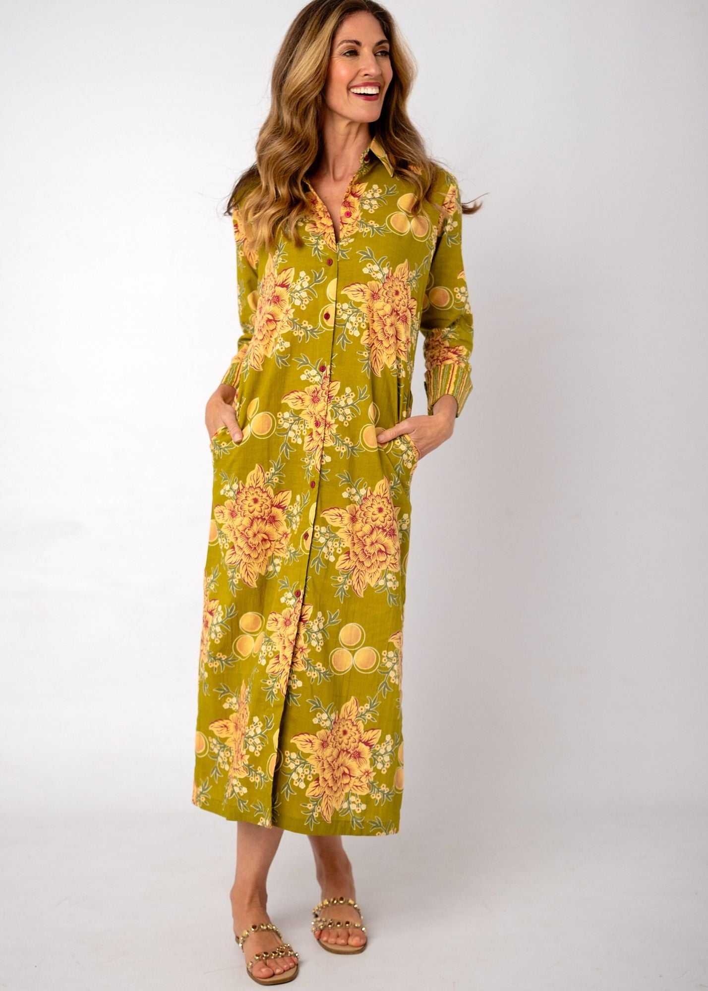 Emma Shirt Dress in Chartreuse Garden