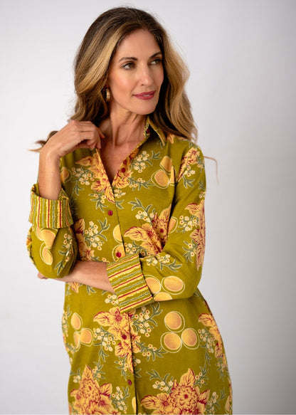 Emma Shirt Dress in Chartreuse Garden