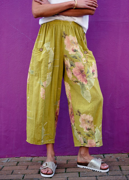 Lino 100% Linen Pants in Chartreuse Heirloom