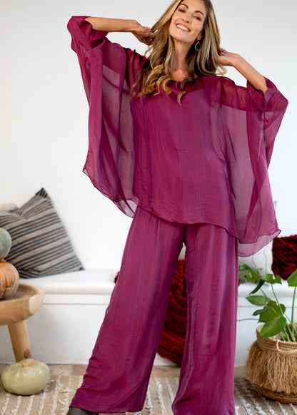 Sophia 100% Silk Flow Pants in Merlot
