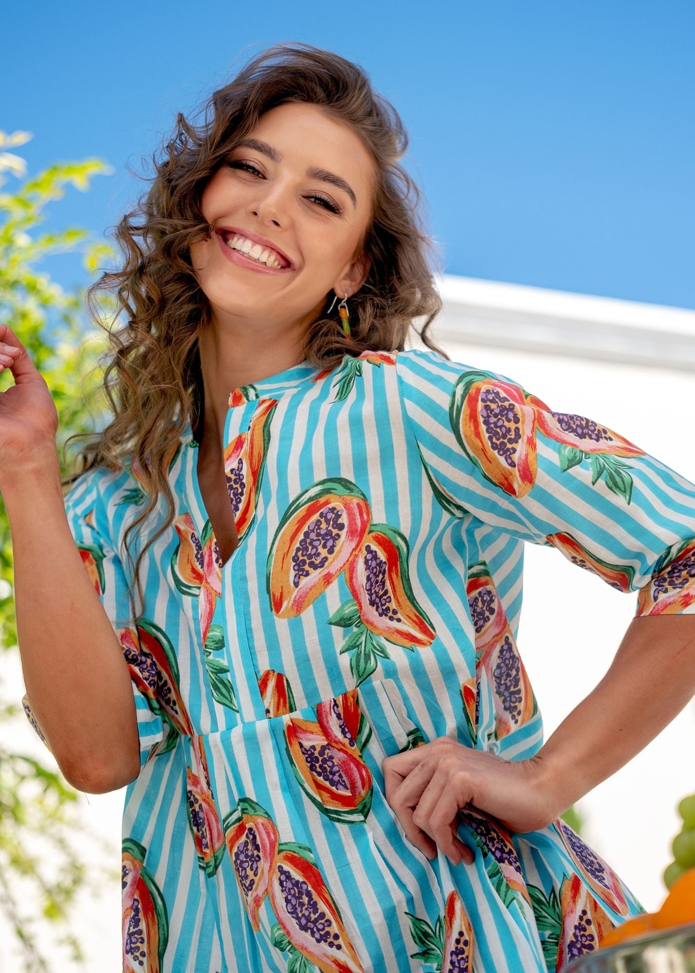 Lee-Ann pleated dress short,  Turquoise Papaya Candy Stripes