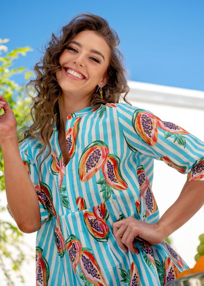 Lee-Ann pleated dress short,  Turquoise Papaya Candy Stripes