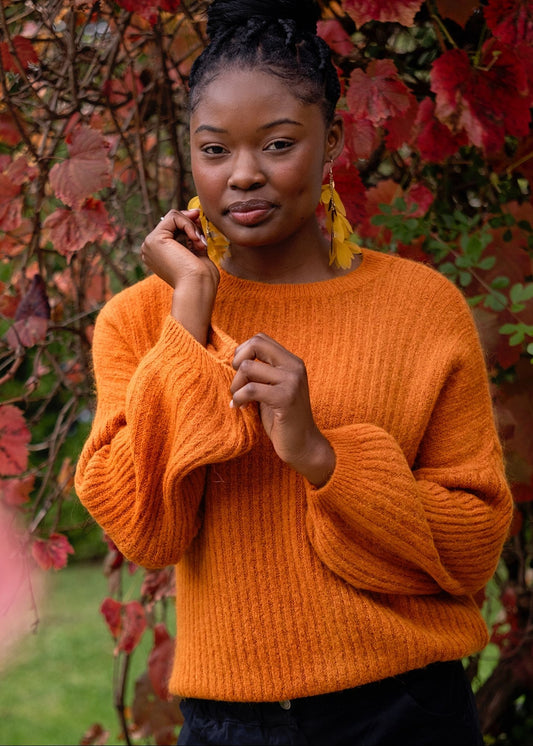 Ribbed Knit Jumper with Bubble Sleeves in Rust