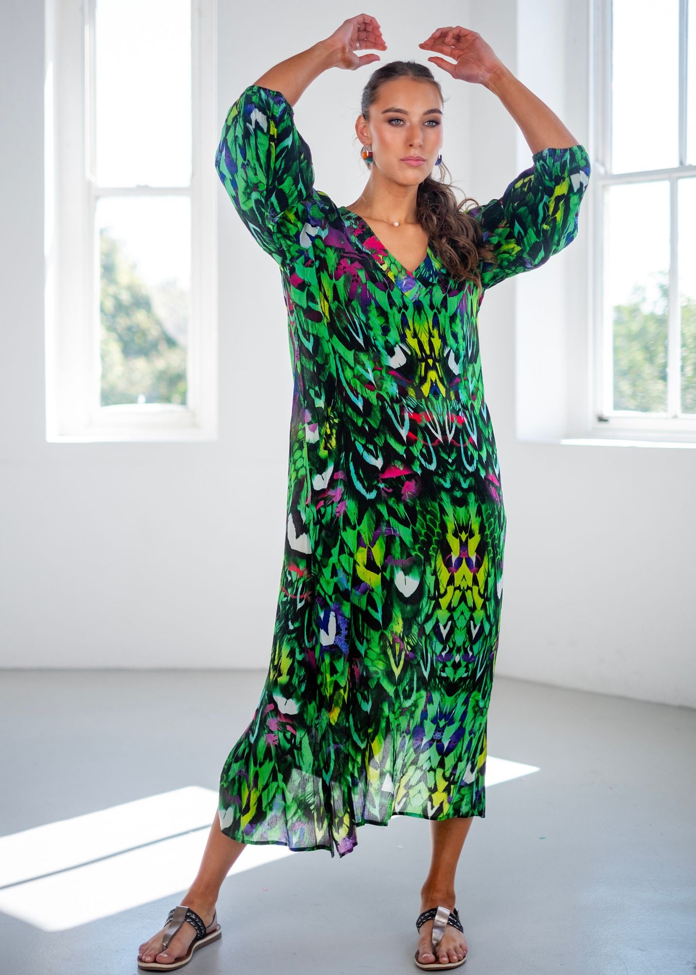 Gloria Dress with Puff Sleeve Detail in Green Jungle