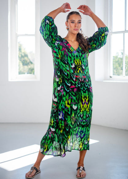Gloria Dress with Puff Sleeve Detail in Green Jungle