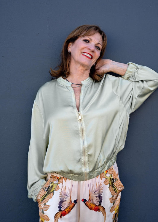 Lila  Bomber Jacket in Viscose Silk Blend in Pistachio