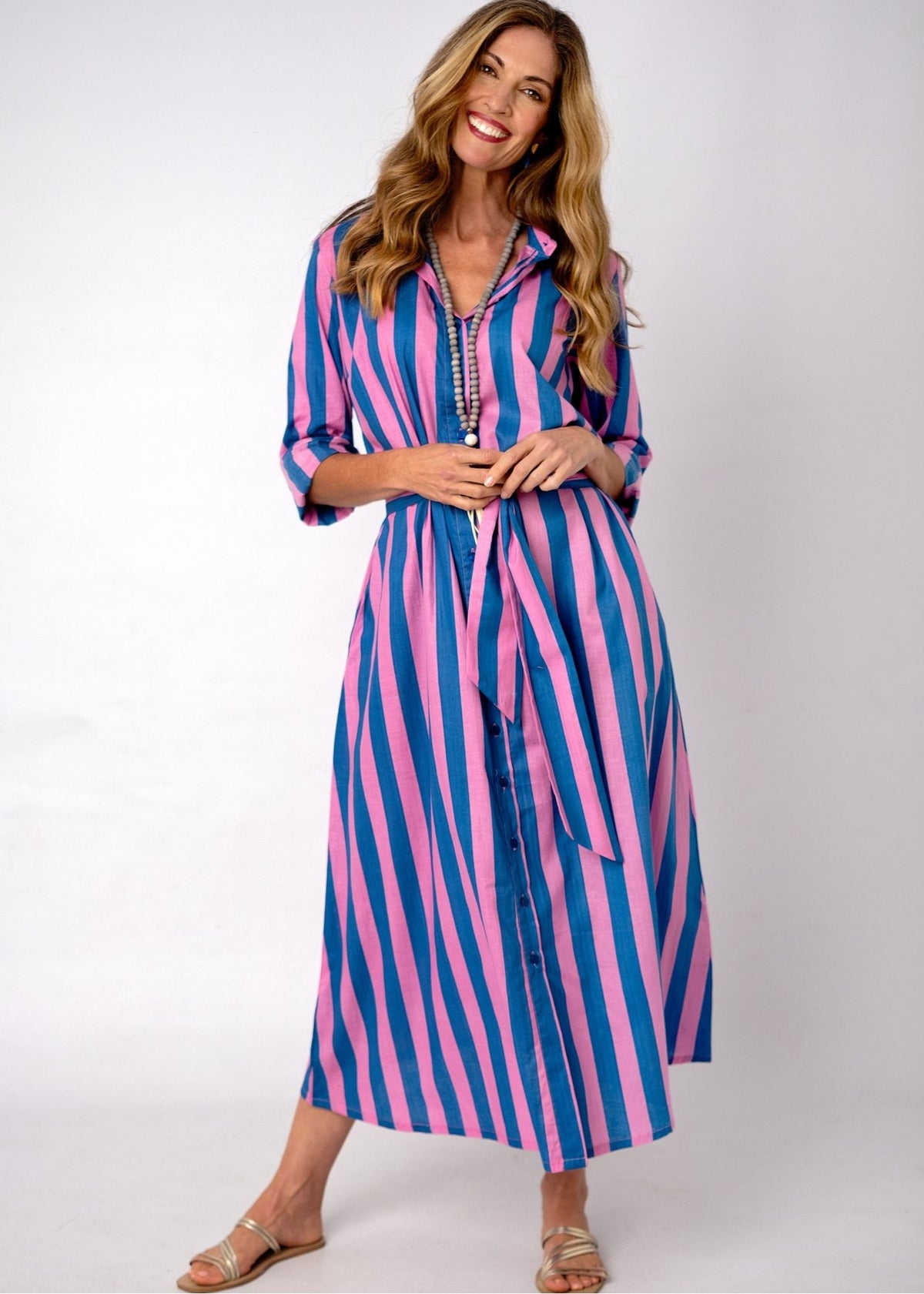 Betty Button in Pink and Blue Cabana Stripe