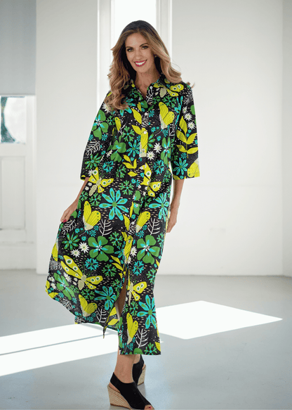 Betty Button dress, Black with Bold Lime