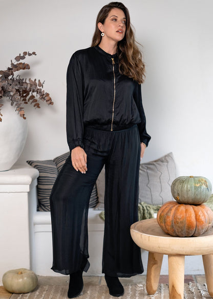 Sophia 100% Silk Flow Pants in Black