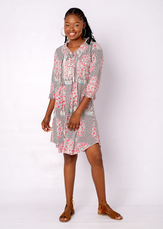 Sarah Dress with Frill in Black and White Candy Stripes with Pink Bouquet