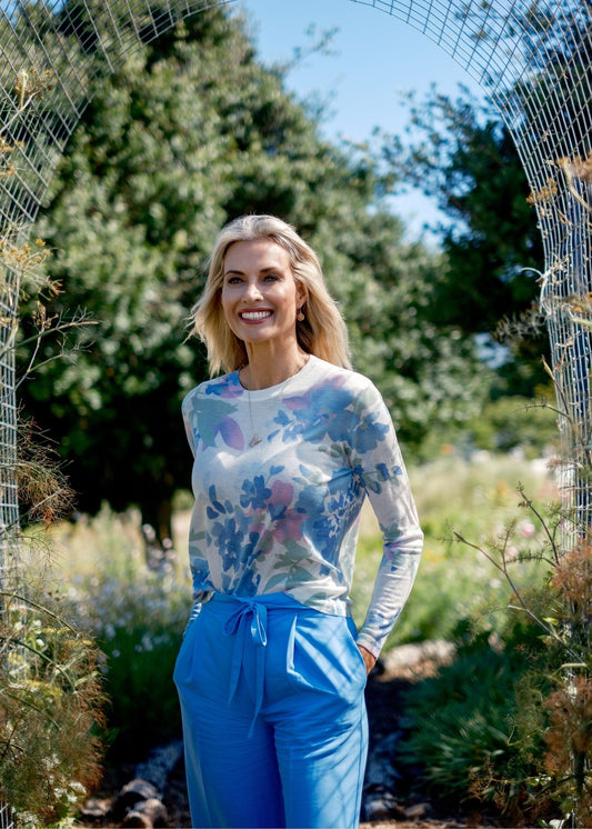 100% Wool Round Neck Long Sleeve Sweater in Blue and Pink Floral