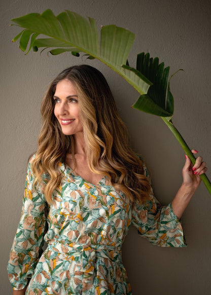 Gloria Dress with Tucked Sleeve Detail in Green Paintbrush