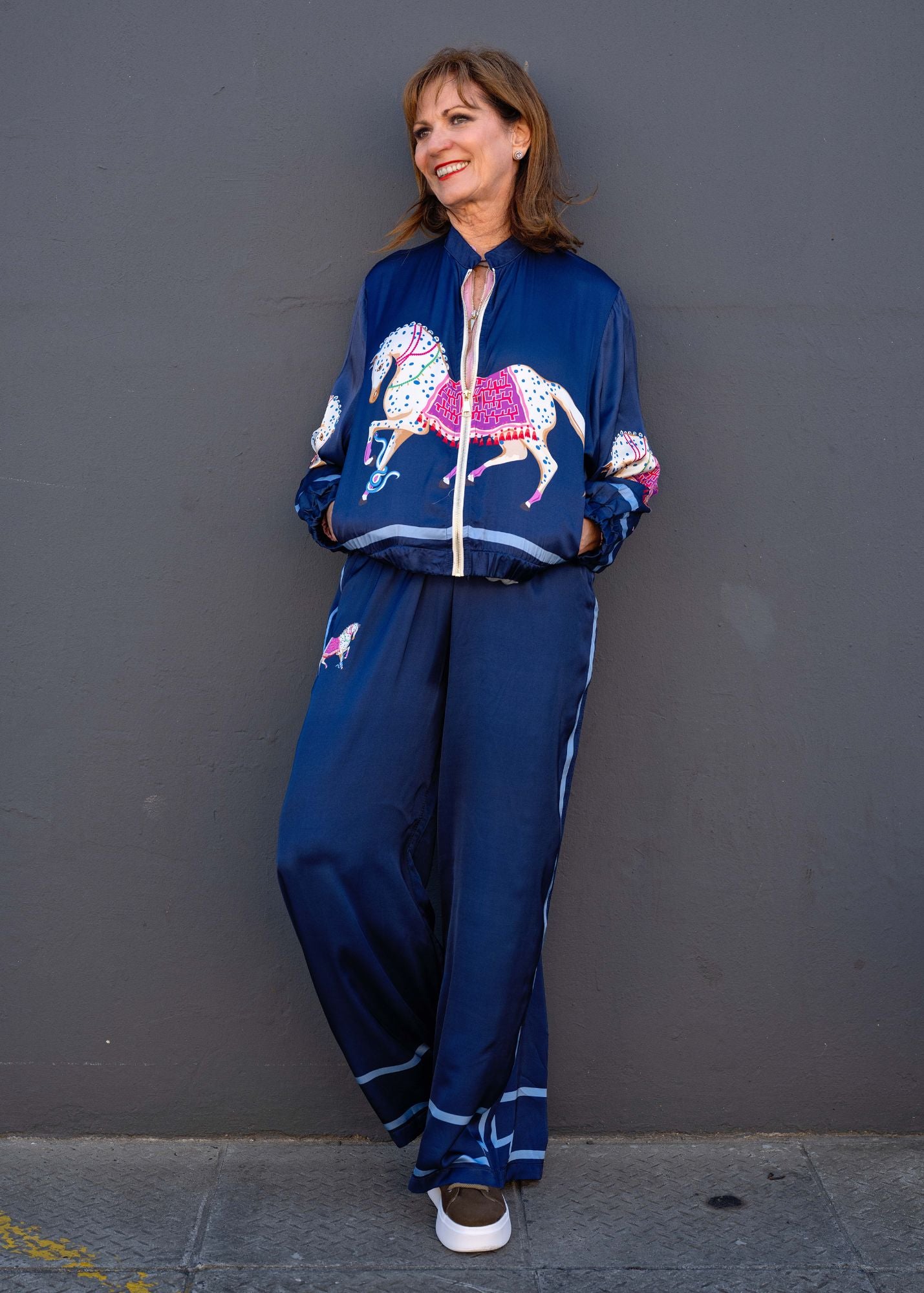 Lila  Bomber Jacket in Viscose Silk Blend in Blue Gallop Glam