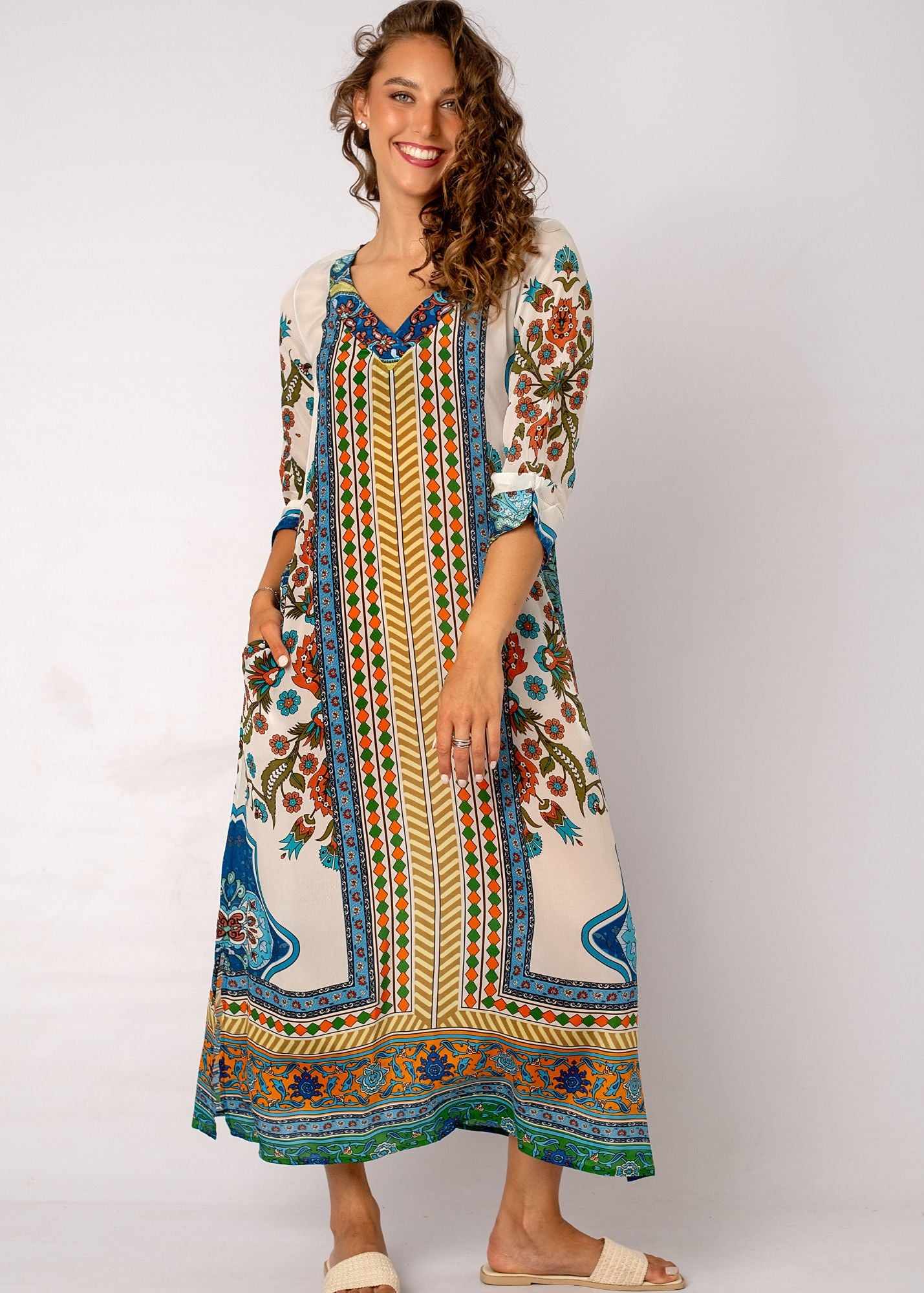 Gloria Dress with Tucked Sleeve Detail in Meadow Mosaic