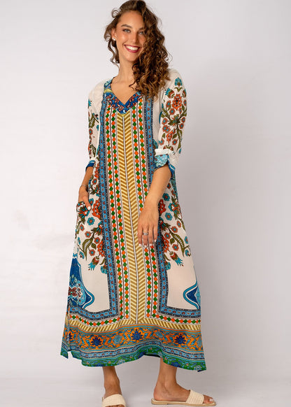Gloria Dress with Tucked Sleeve Detail in Meadow Mosaic