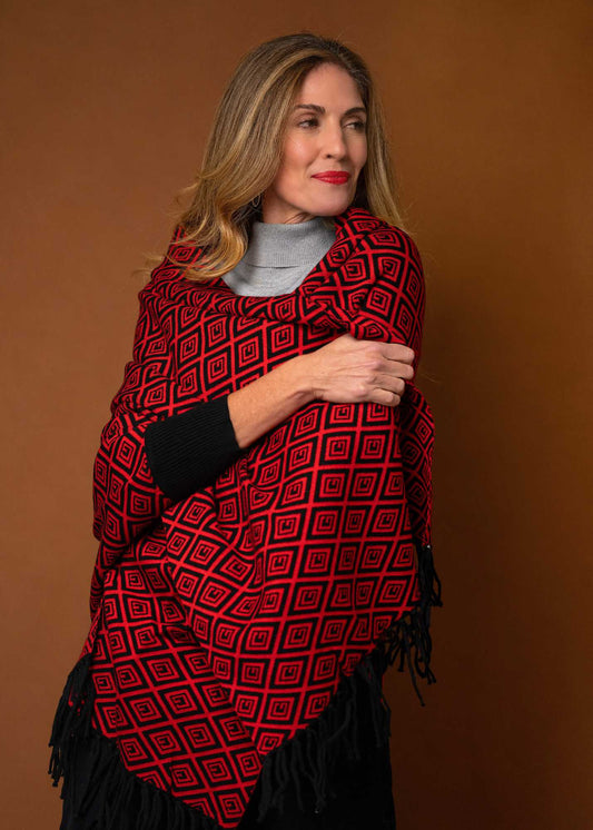 The Milan Knit Wrap with Sleeves  – Red and Black Diamonds