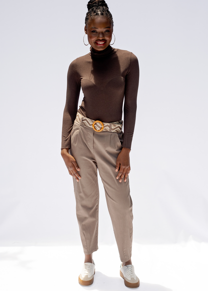 Sheer Stretchy Poloneck Top in Brown