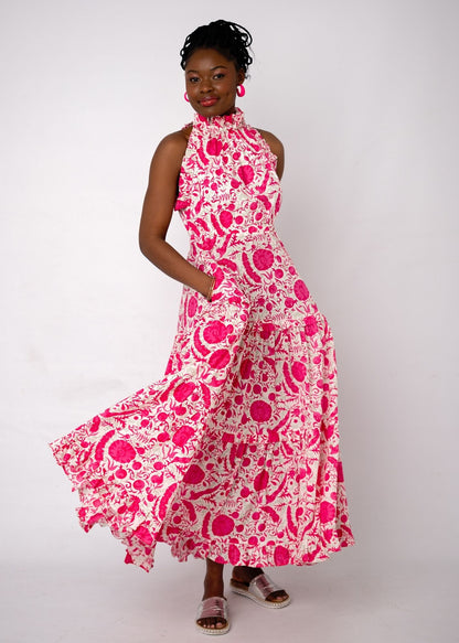 Zola Tiered Dress in Pink Bougainvillea