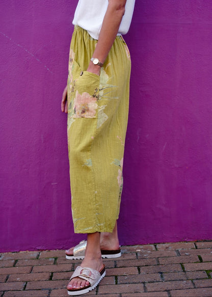 Lino 100% Linen Pants in Chartreuse Heirloom