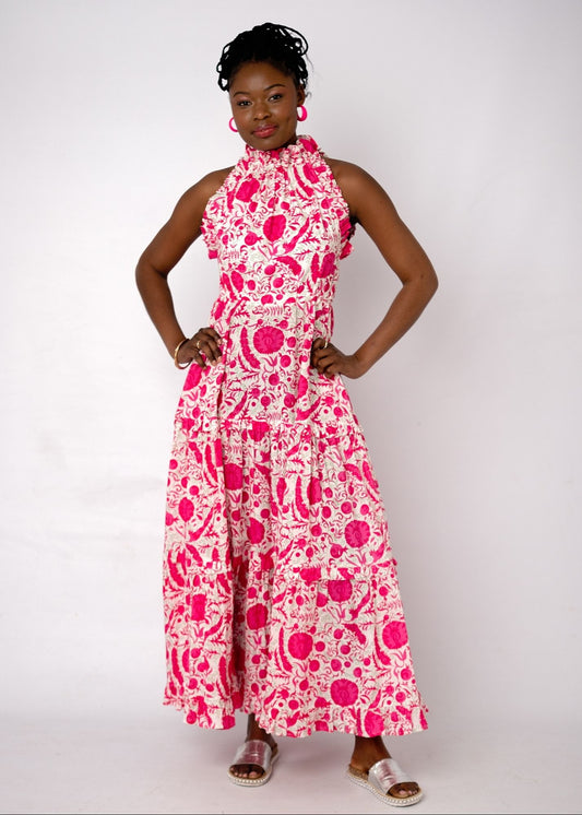 Zola Tiered Dress in Pink Bougainvillea
