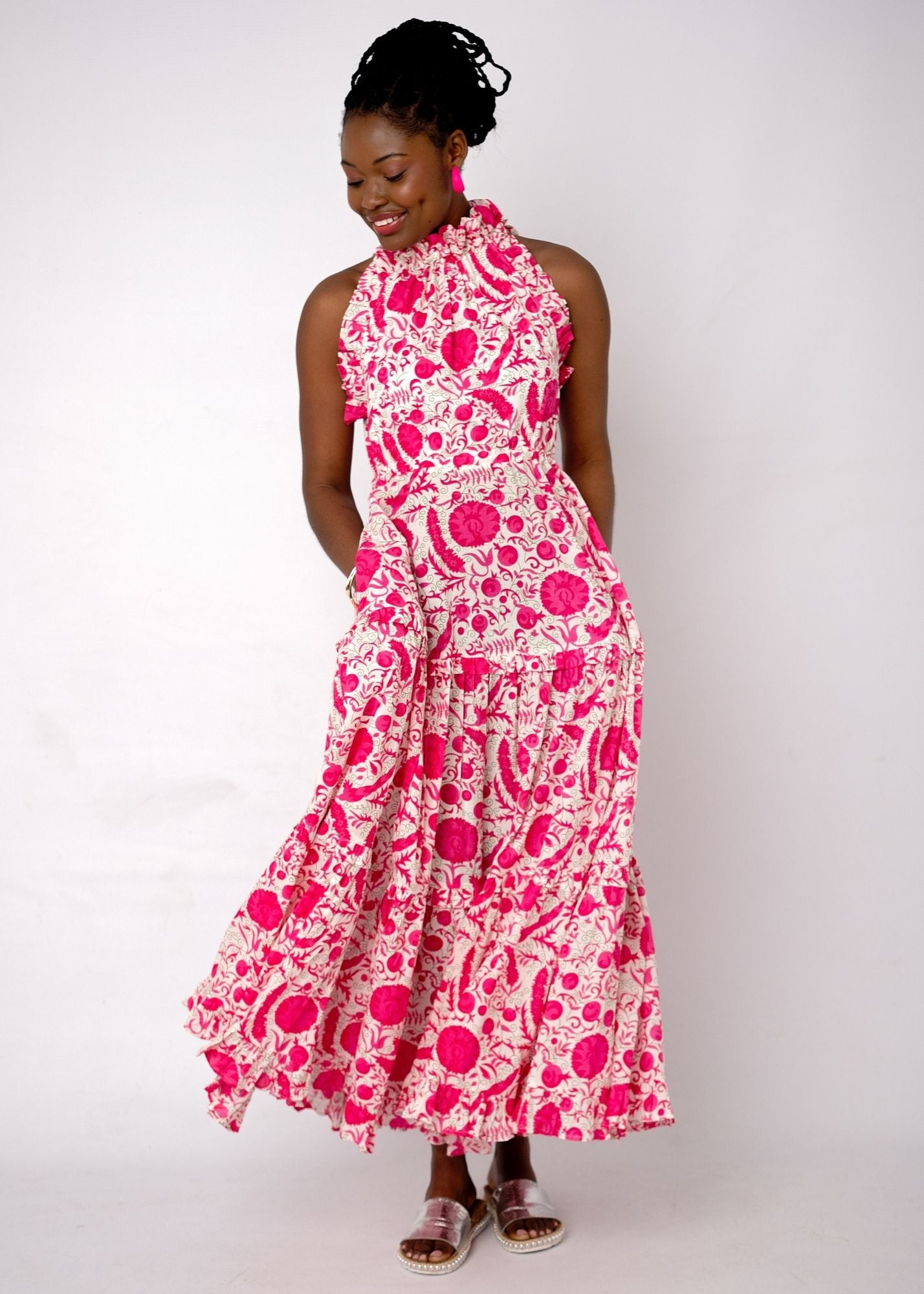 Zola Tiered Dress in Pink Bougainvillea